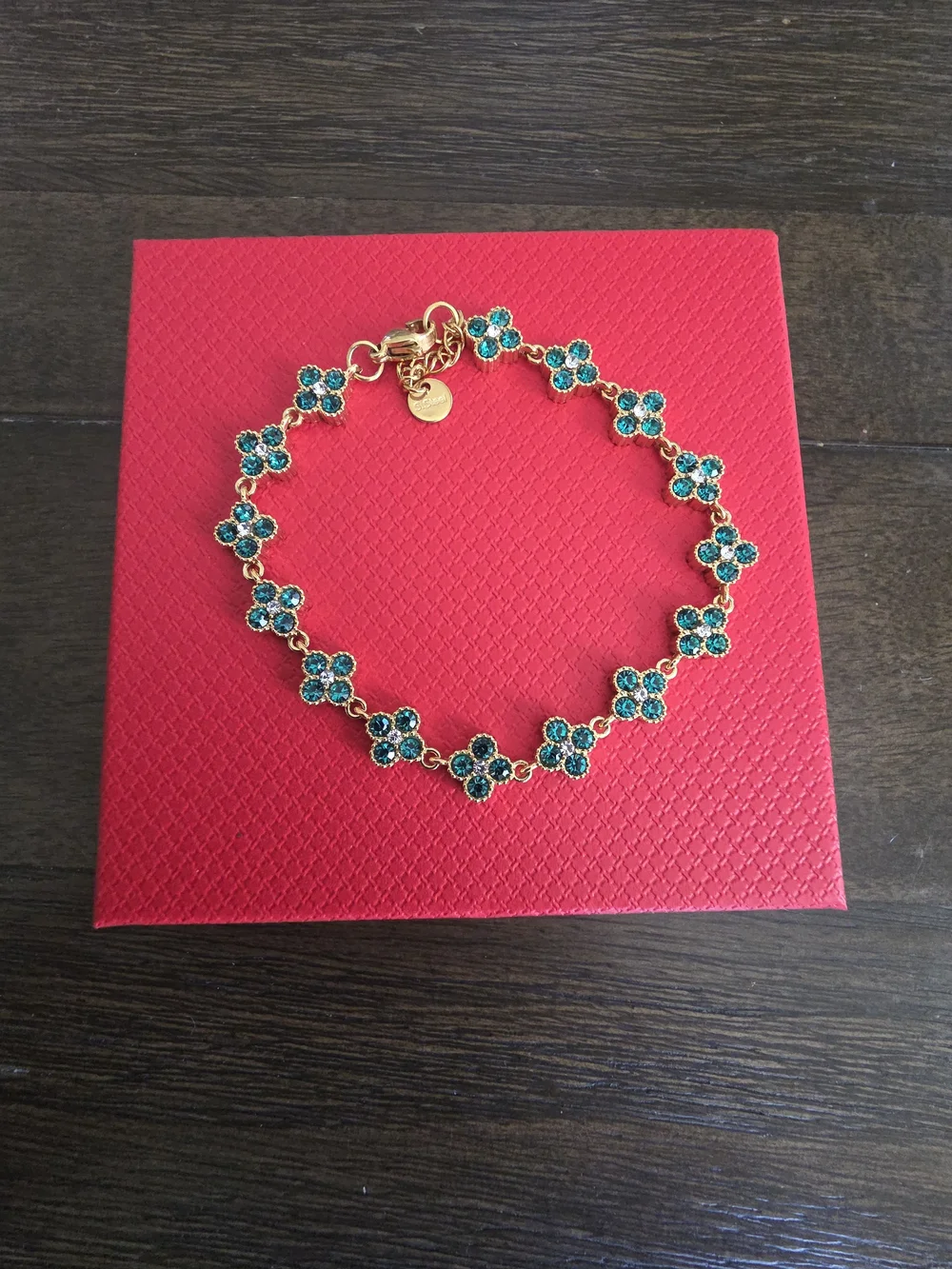 NWT 18K Gold Plated Emerald Green Clover Crystal Bracelet | Stainless Steel | Ad
